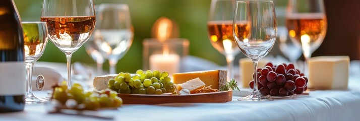 Poster - Elegant table setting with wine, cheese platter, and fruits for an evening gathering. Generative AI