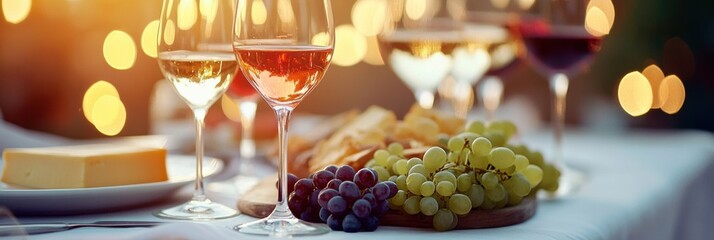 Poster - Elegant table setting with wine glasses and cheese platter for a delightful evening gathering. Generative AI