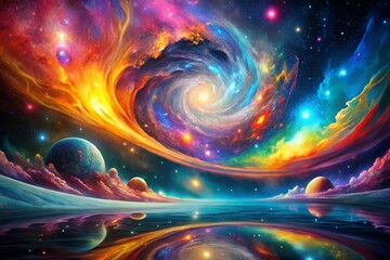 Wall Mural - cosmic liquid abstract: vibrant double exposure galaxy art