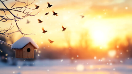 Wall Mural - flock of birds flying around snow-covered birdhouse hanging from frost-covered tree branch during go