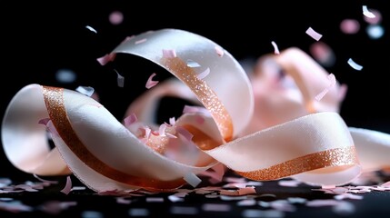 Wall Mural - Swirling white ribbon with peach accents and confetti on black background.