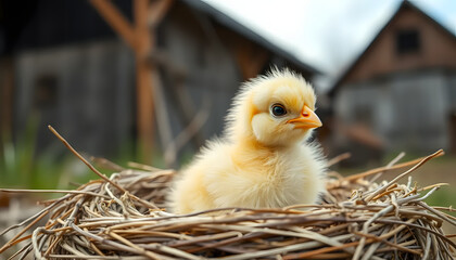 Yellow chick sitting in a nest made of straw in a farmyard setting