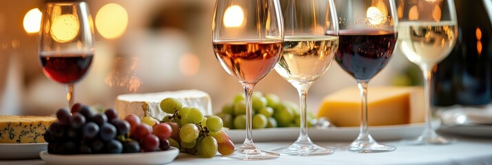 Poster - Elegant table setting with wines and cheese during an evening gathering. Generative AI