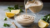 Promotional photo of creamy tahini sauce with barely noticeable swirls while stirring. Pour the dressing from the jug into a glass bowl. Decorate with sesame seeds, fresh parsley and lemon slices.