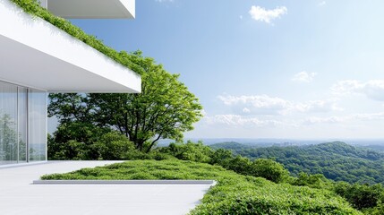 Wall Mural - Modern eco-friendly building with green rooftop terrace overlooking lush landscape.