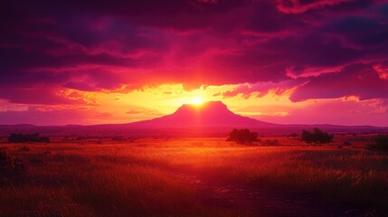 Wall Mural - Vibrant sunset over a mountain and grassy field.