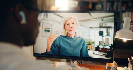 Poster - Man, computer and woman on screen for video call, webinar or virtual meeting for consulting in remote work. Advisor, mentorship and consultant talking online for coaching or communication in home