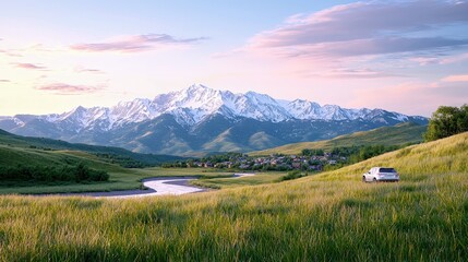 Wall Mural - Serene sunrise over snow-capped mountains, river, and village.