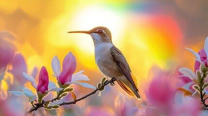 Poster -   Hummingbird on branch with pink flowers, rainbow-colored sky in background