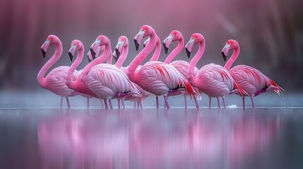 Sticker -   A flock of pink flamingos is pictured on a body of water with a forest in the background