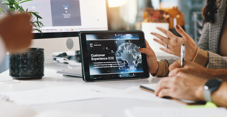 Poster - Business people, hands and tablet screen with UI for customer experience, software or user friendly interface. Closeup, web designer or employees with technology display for UX, CX or AI development