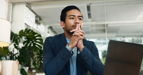 Poster - Business, man and thinking with laptop in office for problem solving, financial solution and investment decision. Finance firm, auditor and thoughtful at desk for risk management, ideas and planning