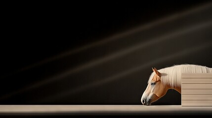 Sticker -   Brown-white horse on wooden block against black background with beams of light