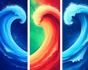 Wall Mural - Triplet vibrant ocean waves, cosmic background, website banners. Generative AI