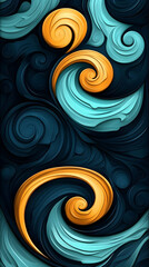 Wall Mural - Teal gold swirls abstract art phone wallpaper design background. Generative AI