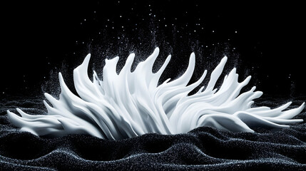 Wall Mural - White liquid splash erupting on black sand; abstract 3D render for design. Generative AI