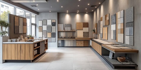 Modern tile showroom displays various flooring, wall tiling options for home renovation. Wide range of ceramic marble, granite tiles. Attractive displays showcase different styles. Customers see,