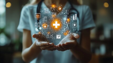 embracing telemedicine: doctor's compassion with digital icons,テレメディシンを抱擁:デジタルアイコンを伴う医師の思いやり.generat