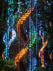 intertwined dna strands and digital binary code symbolizing the fusion of biology and technology