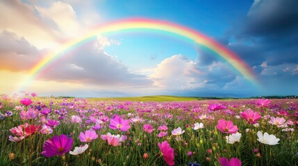 vibrant cosmos flower field with a rainbow after a summer rain.
