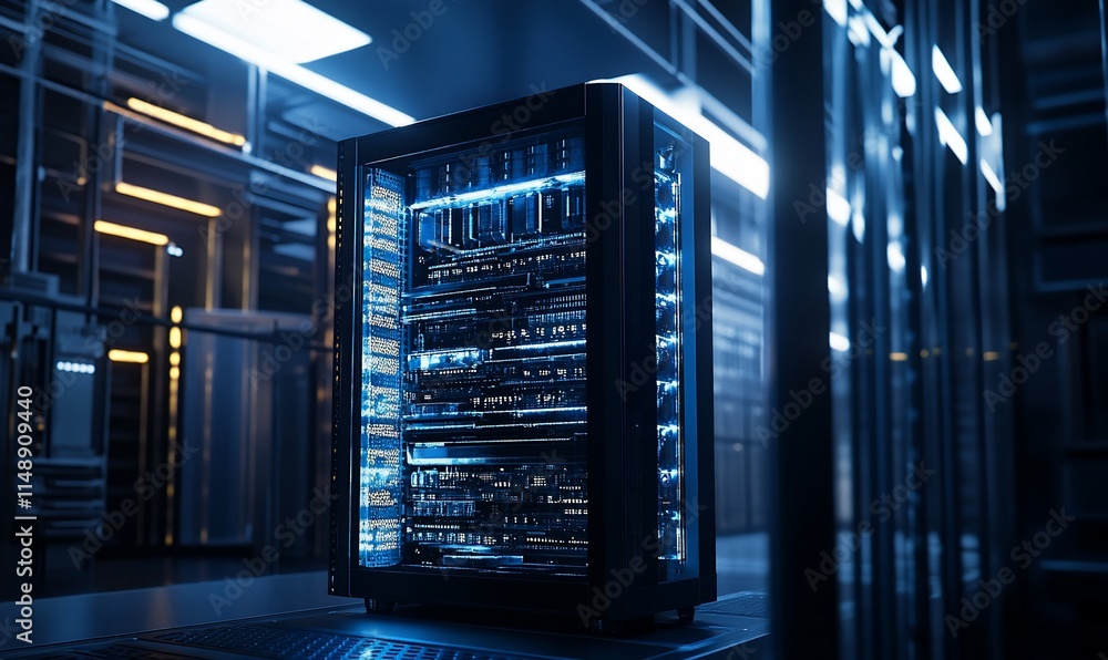 A modern server rack illuminated in a high-tech data center environment ...
