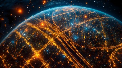 Wall Mural - Aerial view of Earth surrounded by highways and traffic lights glowing at night, representing global business technology and digital connectivity
