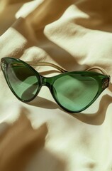 Stylish green sunglasses resting on a silk fabric background capturing a modern fashion aesthetic