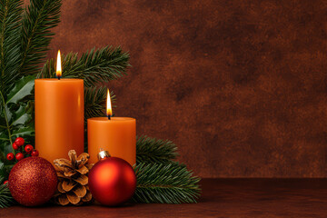 Wall Mural - Warm orange candles surrounded by festive decorations, pine branches, and ornaments create cozy holiday atmosphere