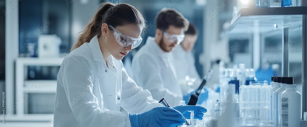 Scientists conducting experiments in a laboratory with glassware and ...