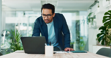 Poster - Man, stress and laptop in office for business, banking fraud and finance mistake at desk. Confused accountant, computer and frustrated in accounting agency for admin crisis, economy fail and anxiety