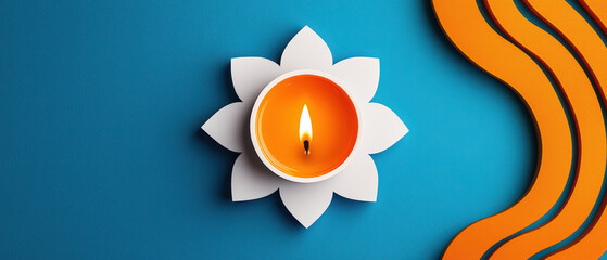 Wall Mural - vibrant orange candle surrounded by white floral design on blue background evokes warmth and tranquility