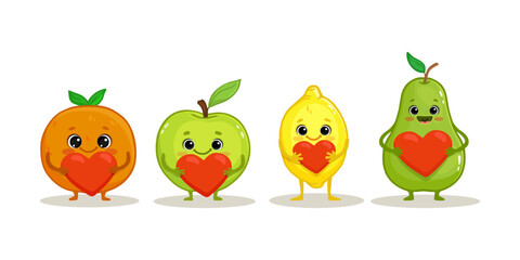 Wall Mural - Cute cartoon fruits on a white. Funny fruits with heart. Orange, apple, lemon and pear in flat style. Vector illustration