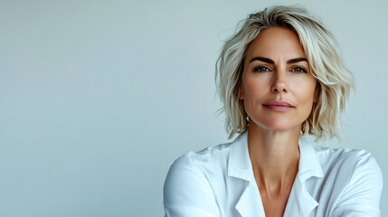 Wall Mural - Confident mature caucasian female with short blond hair in white jacket