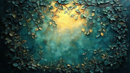 Wall Mural -   A painting of a tree with lush green foliage set against a serene blue backdrop, illuminated by a warm yellow light at its center