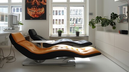Wall Mural - Modern dental office interior featuring two ergonomic chairs with contemporary design and large windows offering natural light and views of urban architecture