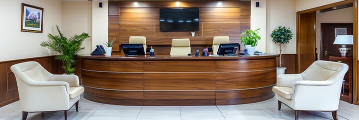 Wall Mural - Interior view of a modern and elegant office reception area featuring a sleek wooden desk, comfortable seating, and sophisticated design elements