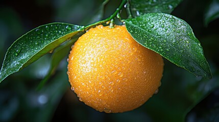 Wall Mural - Close-up image of a ripe orange fruit hanging on a branch covered with water droplets, showcasing fresh leaves and vibrant colors in a natural setting