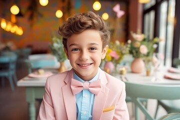 Wall Mural - Portrait of a cute little boy in a pink suit and bow tie