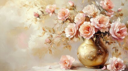 Sticker - Elegant Bouquet of Peach Roses in a Gilded Vase: A Still Life Masterpiece