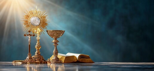 Wall Mural - Religious items including a monstrance, chalice, and open book on a reflective surface.