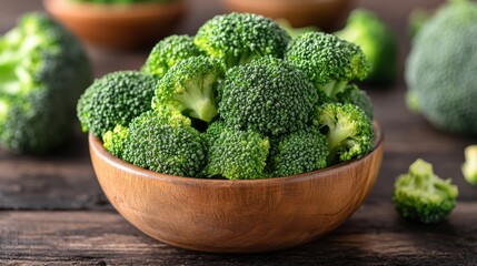 Wall Mural - A Carefully Arranged Bowl of Fresh Green Broccoli Florets Displayed in a Wooden Bowl on a Rustic Wooden Table Capturing the Vibrant Color and Texture in a Kitchen Setting