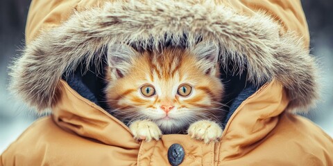 Poster - A cute kitten snuggles in a warm hooded coat. AI.