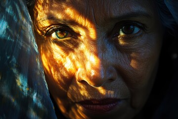 Sticker - Close-up Portrait of a Mature Woman with Captivating Eyes and Intricate Light Patterns on Her Face Representing Emotion and Experience