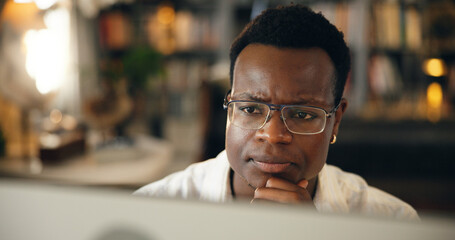 Student, man and confused by computer in home for difficult research, thesis solution or problem solving. Education, black person and doubt with proposal planning, exam or elearning project at night