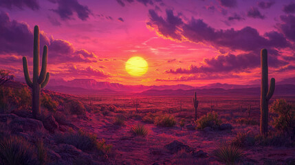 Wall Mural - Vibrant desert sunset with cacti and mountains in glowing pink and purple sky