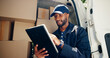 © peopleimages.com - Courier, cargo or man with tablet by van for package distribution, online order checklist or supply chain. Logistics, transport or black driver with digital app for parcel location or inventory check