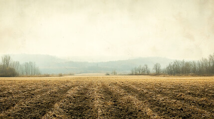 serene winter landscape with bare trees and plowed field under overcast sky