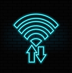 Wall Mural - Square glowing Wi-Fi signal icon, waves emanating from the source, glowing neon tubes effect on dark background. Vector illustration eps10