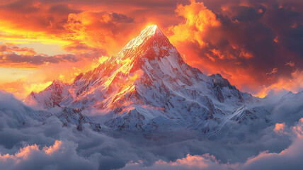 Wall Mural - A captivating scene of a snow-covered mountain peak at sunrise, with the first light of day illuminating the summit and casting a warm glow over the icy landscape.