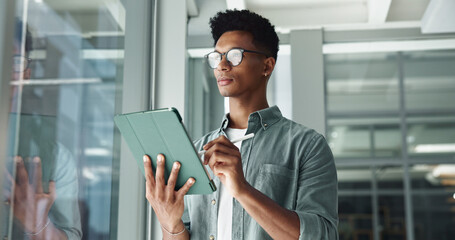 Aufkleber - Man, tablet and thinking at window for business, planning and creativity with glasses in office. Designer, tech and reflection in digital agency for ideas, email feedback and networking opportunity
